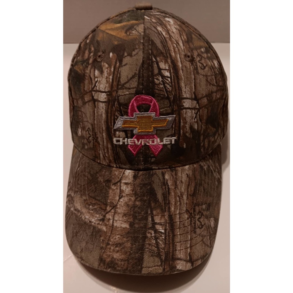 Chevy Chevrolet Hat Camoflauge Hook & Loop Breast Cancer Ribbon On Front